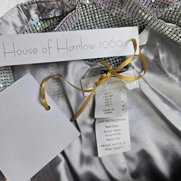 House of Harlow Iridescent Metal Mesh Disco Mini Dress Drape Neck Size Small NWT - Picture 6 of 8